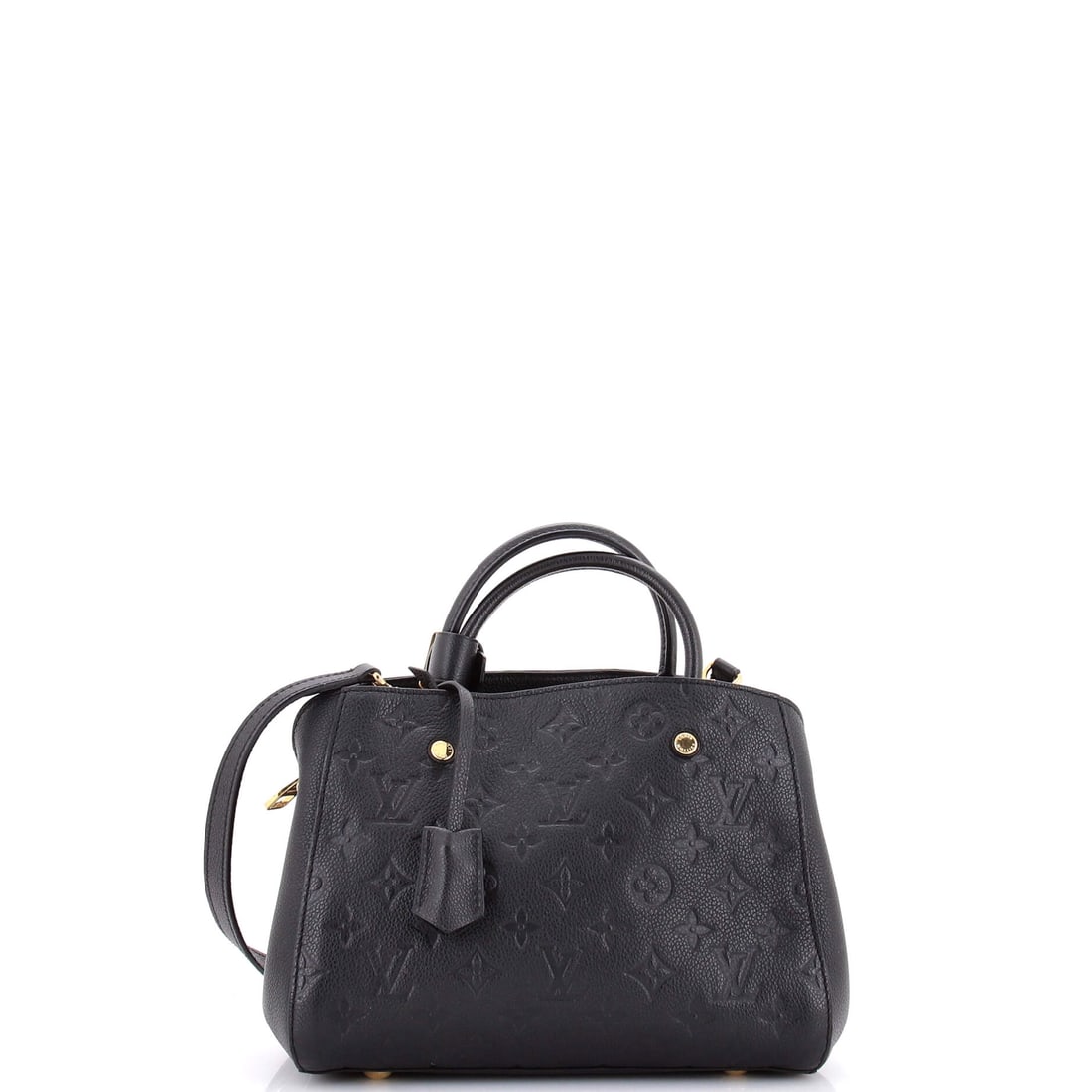 Louis Vuitton Montaigne Handbag Monogram Empreinte Leather BB Black: From Louis Vuitton, the Montaigne Handbag in black Empreinte leather and Monogram canvas. The monogram canvas carries Louis Vuitton's most recognizable house pattern. Offered in the BB size. Approxima