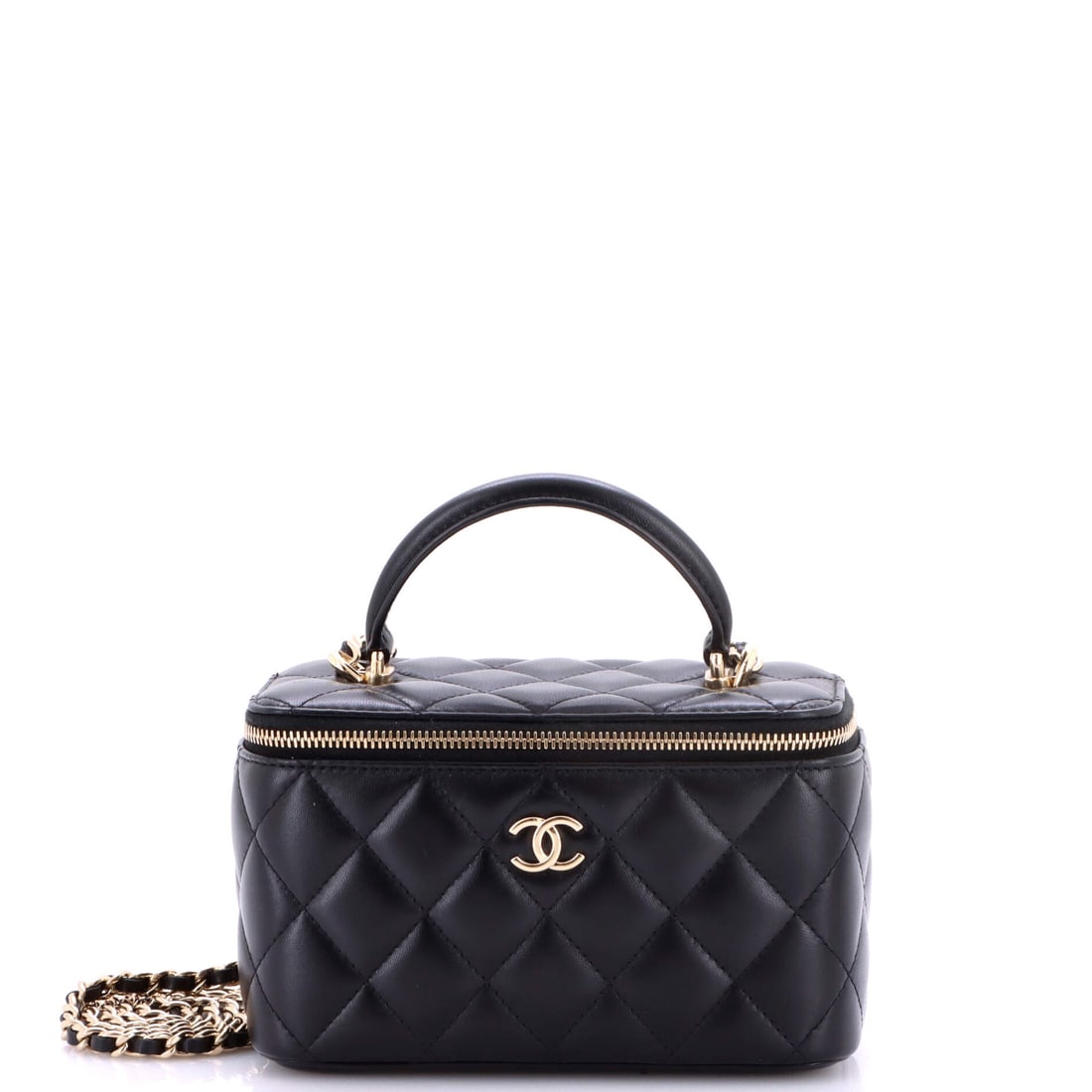 Chanel Classic Top Handle Vanity Case with Chain Quilted Lambskin Small Black: Chanel Classic Top Handle Vanity Case with Chain in black quilted lambskin leather. Lambskin gives the piece a soft, supple hand characteristic of the house's quilting. Each lot is backed by Maison