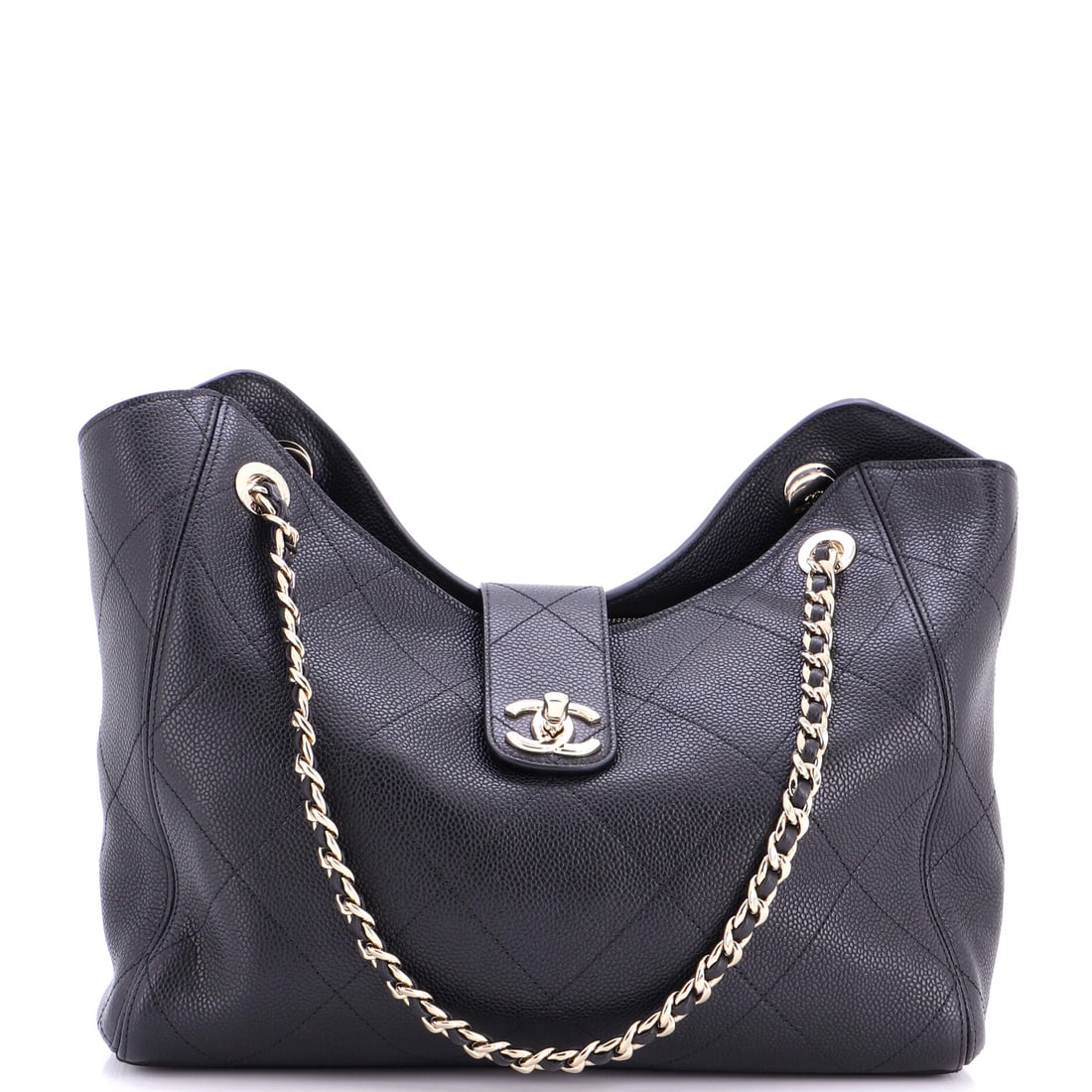 Chanel CC Turn Lock Shopping Bag Quilted Grained Calfskin Large Black: A Chanel CC Turn Lock Shopping Bag in black quilted calfskin leather and grained. It is presented in the Large size. Approximate dimensions are 9.5 x 12 x 4.5 inches. A wearable, well-recognized desig