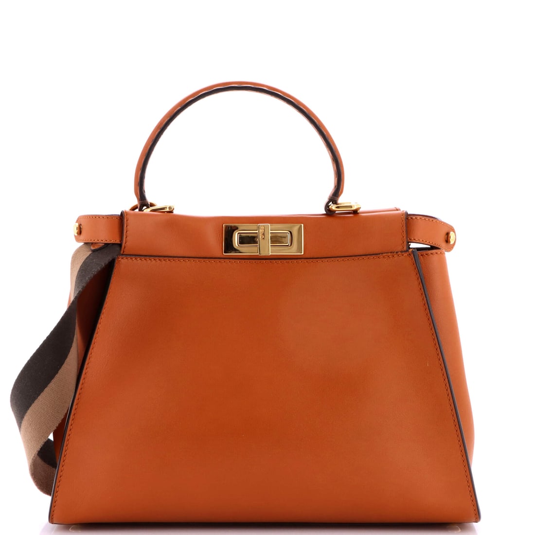 Fendi Peekaboo ISeeU Bag Leather Medium Brown: Fendi Peekaboo ISeeU Bag in brown leather. This is the Medium format. It measures approximately 10 x 13 x 5 inches. The recognizable profile carries immediate brand recognition, lending the lot broad