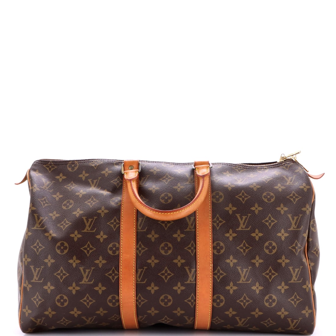 Louis Vuitton Keepall Bag Monogram Canvas 45 Brown: The Louis Vuitton Keepall Bag in brown Monogram canvas. The monogram canvas carries Louis Vuitton's most recognizable house pattern. Catalogued in the 45 size. It measures approximately 10 x 18 x 8 in