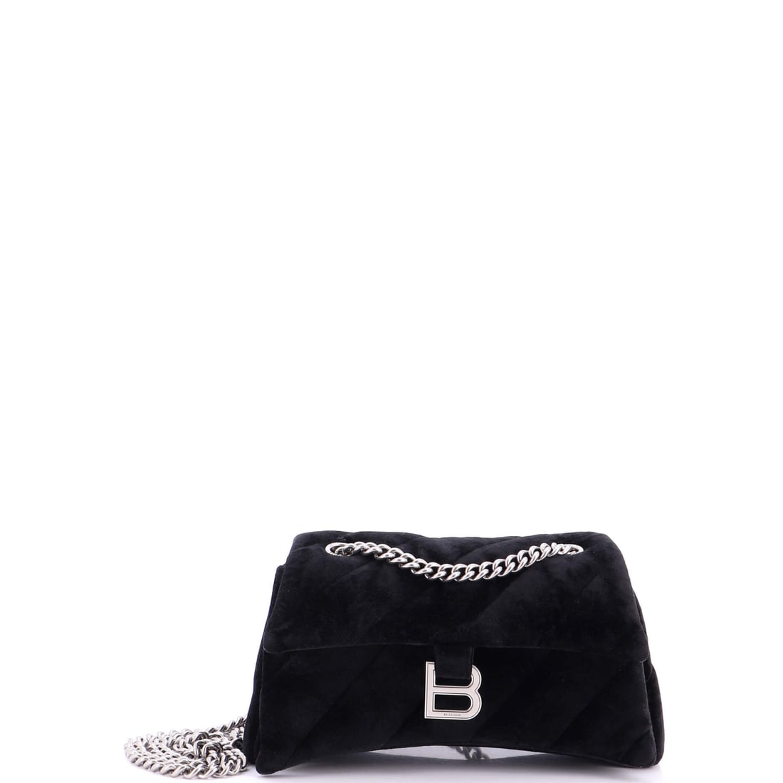 Balenciaga Crush Chain Flap Bag Quilted Velvet Small Black: A Balenciaga Crush Chain Flap Bag in black quilted velvet. This is the Small format. This piece carries Maison de Beaubigonne's guarantee of authenticity. Approximate dimensions are 6 x 10 x 3.5