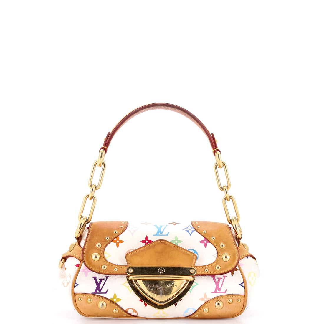 Louis Vuitton Marilyn Handbag Monogram Multicolor Multicolor, White: Louis Vuitton Marilyn Handbag in multicolor and white Monogram canvas. The monogram canvas carries Louis Vuitton's most recognizable house pattern. The piece measures roughly 6 x 9 x 4 inches. A