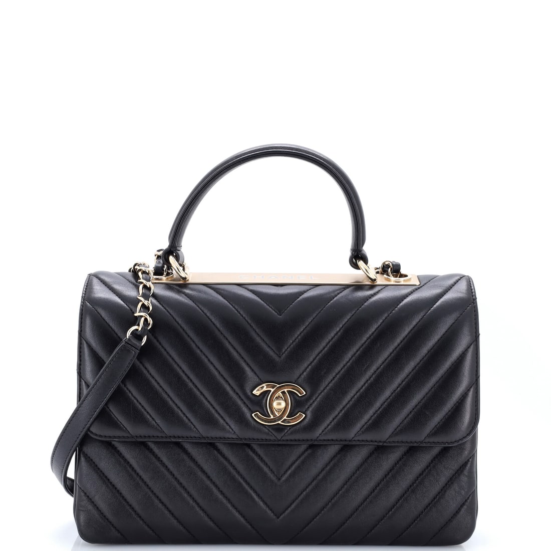 Chanel Trendy CC Top Handle Bag Chevron Lambskin Medium Black: Chanel Trendy CC Top Handle Bag Chevron in black lambskin leather. Lambskin gives the piece a soft, supple hand characteristic of the house's quilting. Maison de Beaubigonne guarantees the authenticit