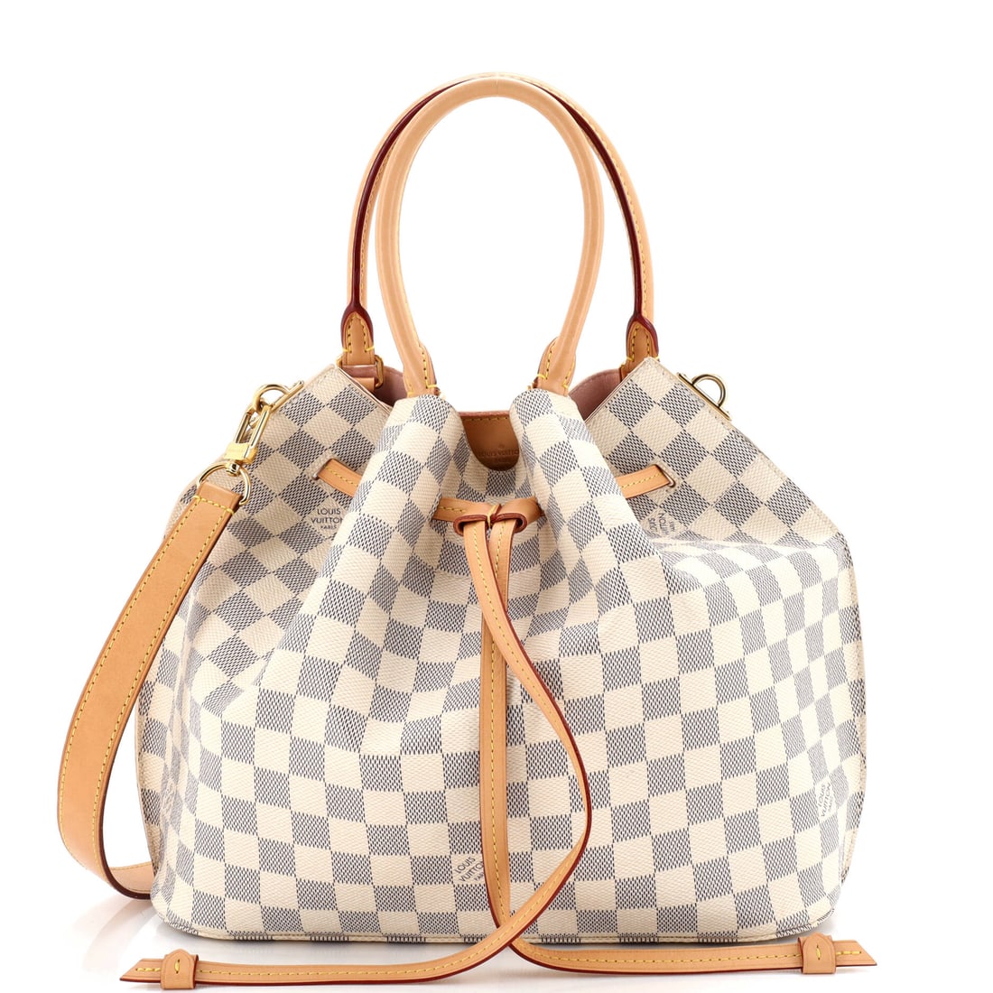 Louis Vuitton Girolata Handbag Damier White: A Louis Vuitton Girolata Handbag in white Damier canvas. The Damier check is one of Louis Vuitton's enduring house patterns. Approximate dimensions are 11 x 12 x 5 inches. The recognizable profile
