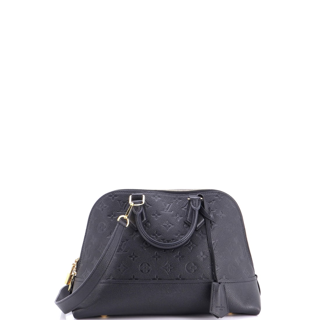Louis Vuitton Neo Alma Handbag Monogram Empreinte Leather PM Black: Louis Vuitton Neo Alma Handbag in black Empreinte leather and Monogram canvas. The monogram canvas carries Louis Vuitton's most recognizable house pattern. This is the PM format. Approximate dimension