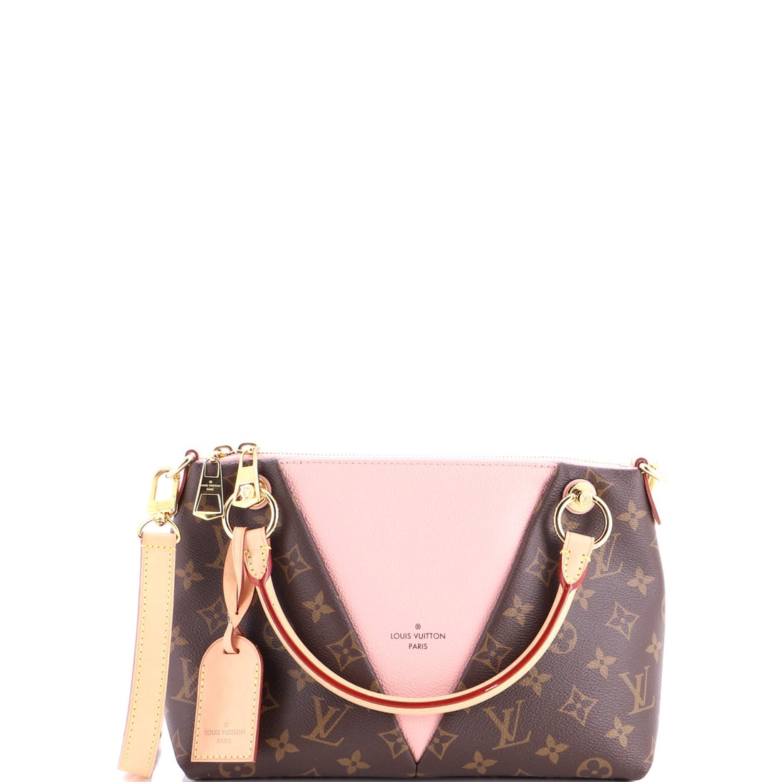 Louis Vuitton V Tote Monogram Canvas and Leather BB Brown, Pink: The Louis Vuitton V Tote in brown and pink Monogram canvas. The monogram canvas carries Louis Vuitton's most recognizable house pattern. Bid with confidence; authenticity is guaranteed. Offered in the