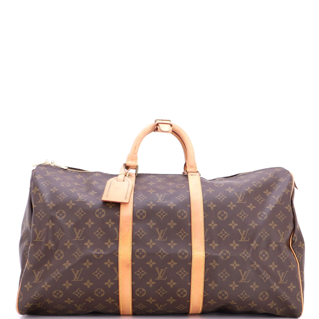 Louis Vuitton Keepall Bag Monogram Canvas 55 Brown: Louis Vuitton Keepall Bag in brown Monogram canvas. The monogram canvas carries Louis Vuitton's most recognizable house pattern. This corresponds to the 55 size within the line. Scale runs to about 12