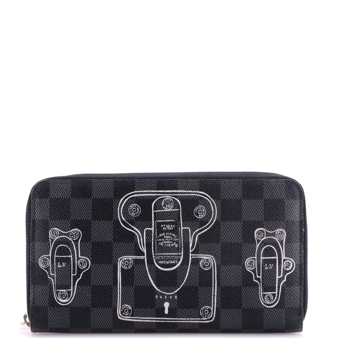 Louis Vuitton Zippy Organizer Limited Edition Trunks and Locks Damier Graphite Black: A Louis Vuitton Zippy Organizer Limited Edition Trunks and Locks Graphite in black Damier canvas. The Damier check is one of Louis Vuitton's enduring house patterns. Scale runs to about 5 x 8.5 x 1 in
