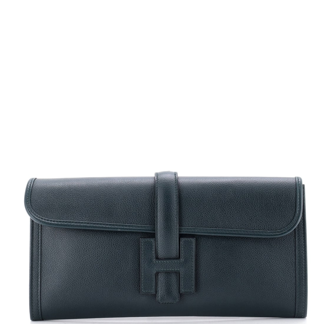 Hermes Jige Elan Clutch Evercolor 29 Green: Hermes Jige Elan Clutch Evercolor presented in green. Catalogued in the 29 size. It measures approximately 6 x 11.5 x 1 inches. Structured enough to anchor a wardrobe yet versatile across daily wear,