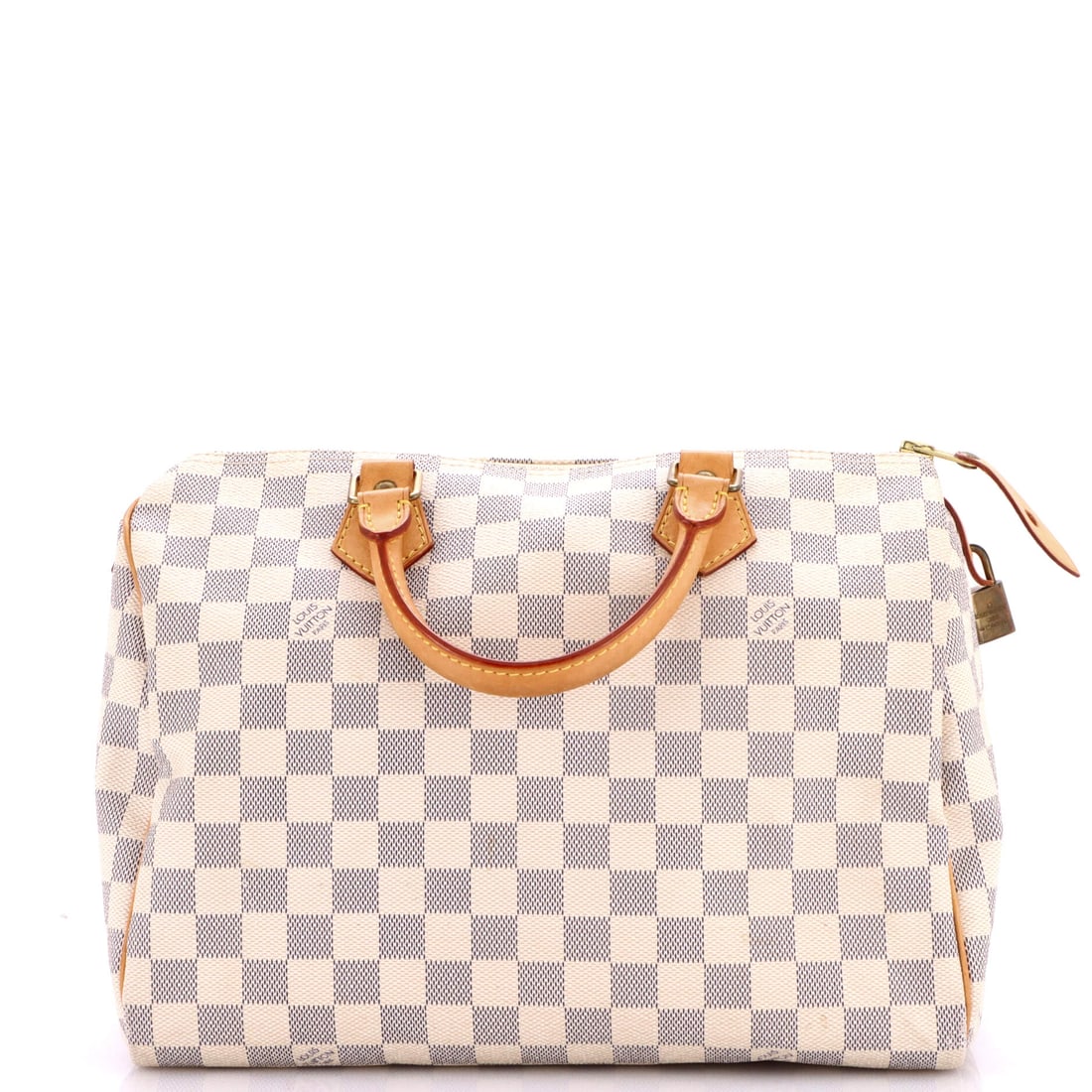 Louis Vuitton Speedy Handbag Damier 30 White: Louis Vuitton Speedy Handbag in white Damier canvas. The Damier check is one of Louis Vuitton's enduring house patterns. Catalogued in the 30 size. Scale runs to about 9 x 12 x 7 inches. Its proportio