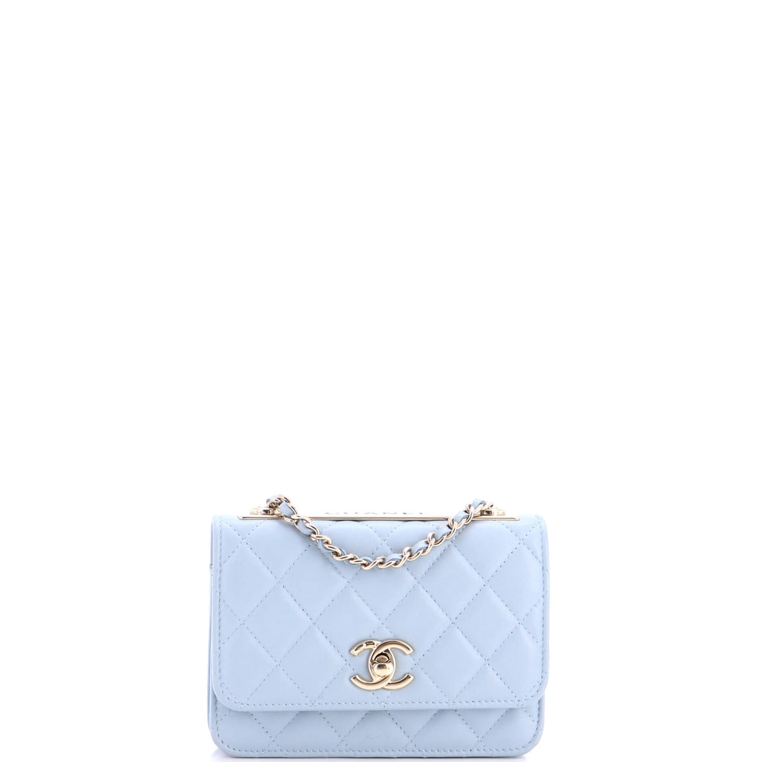 Chanel Trendy CC Wallet on Chain Quilted Lambskin Mini Blue: The Chanel Trendy CC Wallet on Chain in blue quilted lambskin leather. Lambskin gives the piece a soft, supple hand characteristic of the house's quilting. This is the Mini format. Approximate dimensi