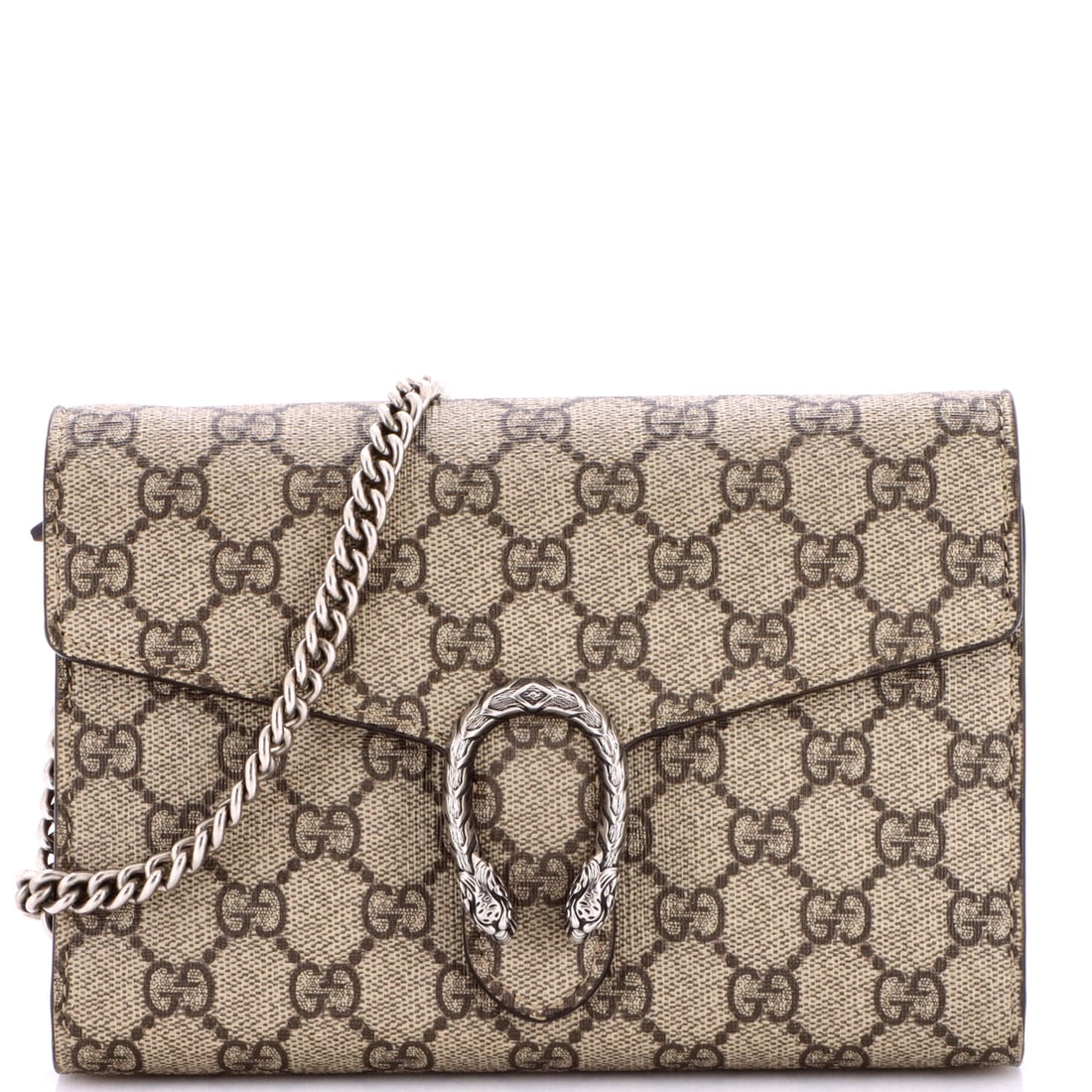 Gucci Dionysus Chain Wallet GG Coated Canvas Small Brown: Gucci's Dionysus Chain Wallet GG in brown coated canvas. Offered in the Small size. It measures approximately 5 x 8 x 2.5 inches. Its everyday utility and recognizable design give it steady appeal amo