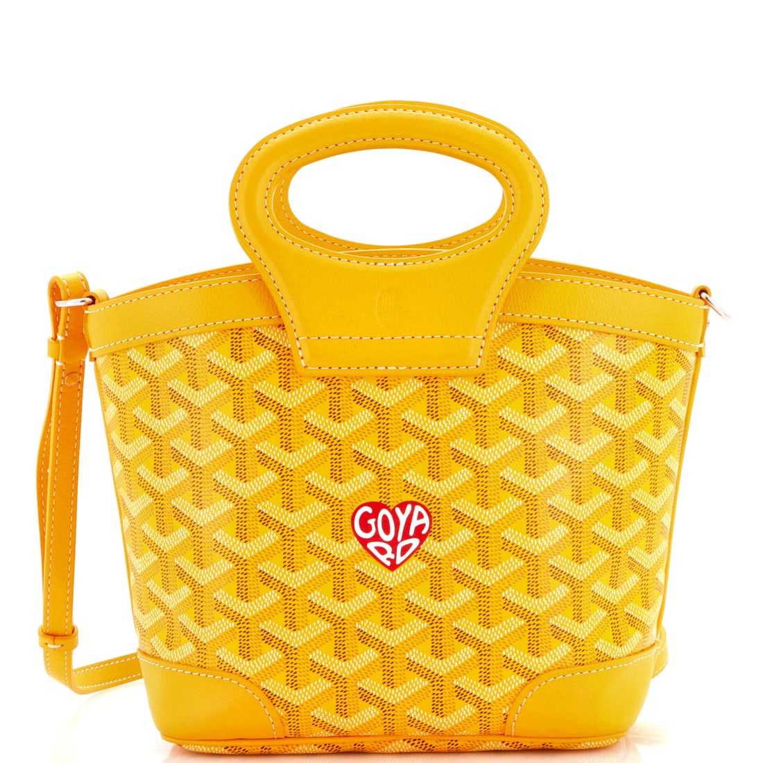 Goyard Beluga Bag Printed Coated Canvas Mini Yellow: A Goyard Beluga Bag Printed in yellow coated canvas. It is presented in the Mini size. Approximate dimensions are 9 x 7 x 3 inches. The silhouette reads clearly across the room, giving it strong prese
