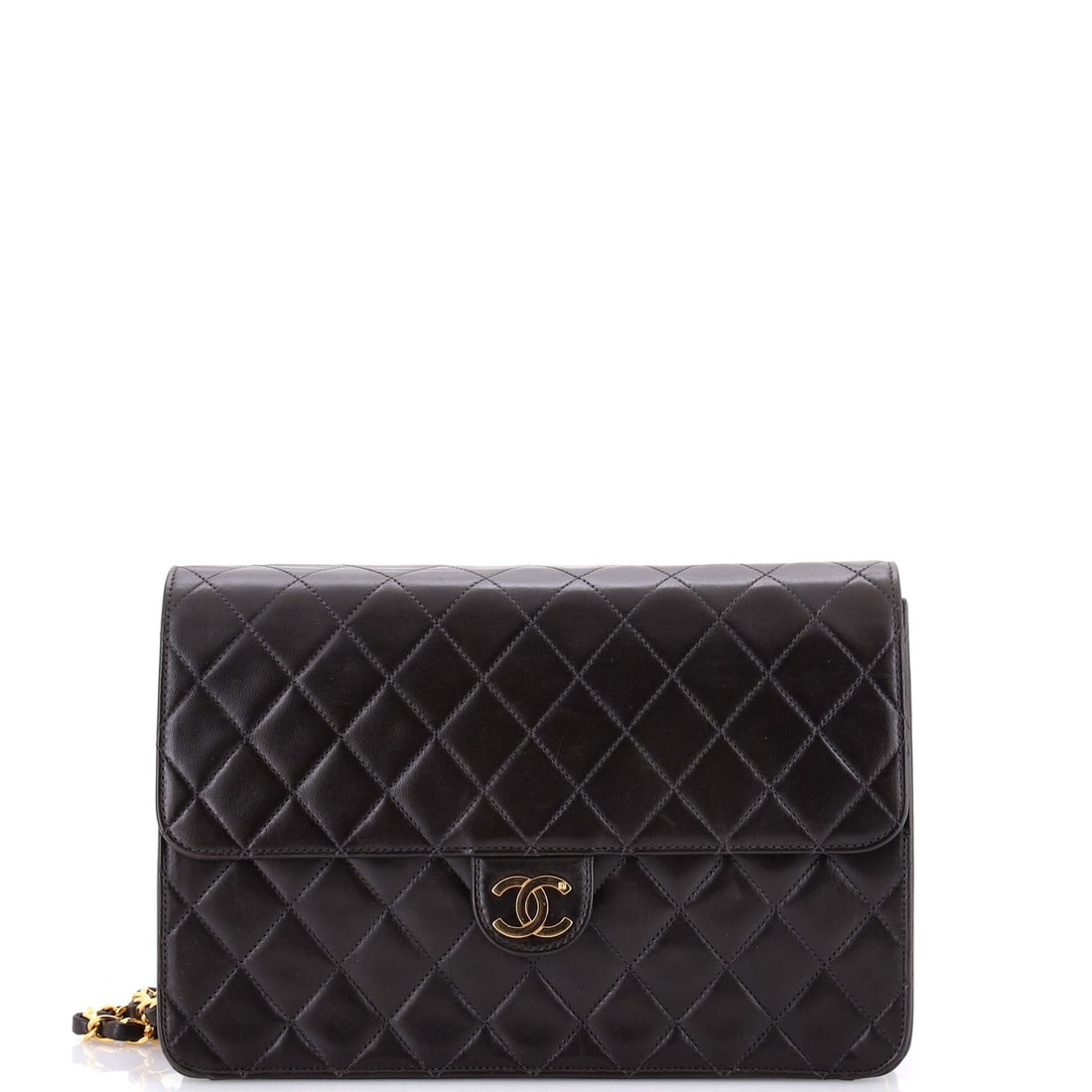 Chanel Vintage Clutch with Chain Quilted Leather Medium Black: The Chanel Vintage Clutch with Chain in black quilted leather. This is the Medium format. The piece measures roughly 7 x 10 x 3 inches. Its balance of form and brand identity positions it as a dependa