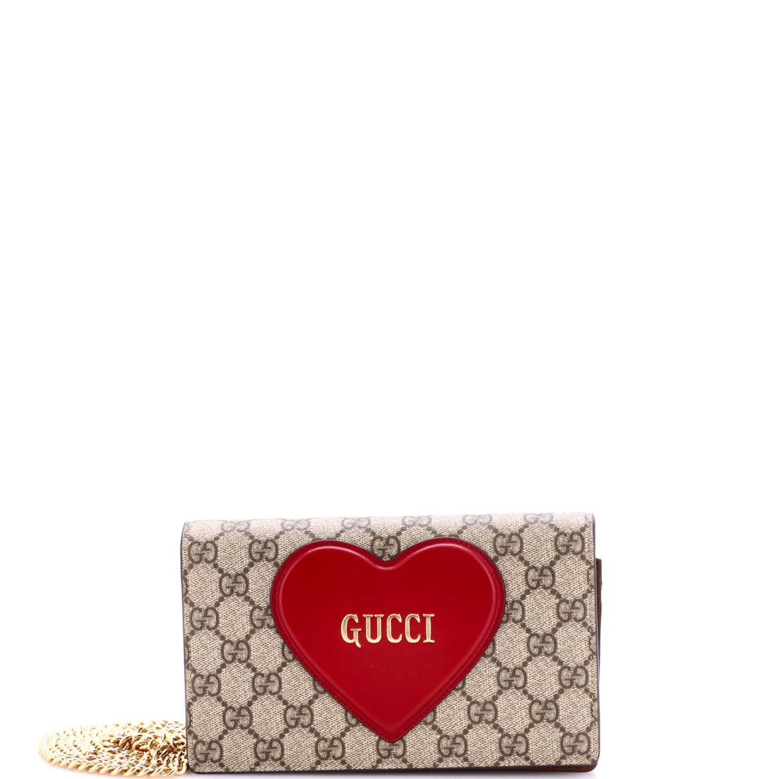 Gucci Logo Heart Chain Wallet GG Coated Canvas Brown: A Gucci Logo Heart Chain Wallet GG in brown coated canvas. Scale runs to about 4 x 7.5 x 2 inches. Slim and practical, the piece carries the maker's signatures in a wearable, daily format. The format 