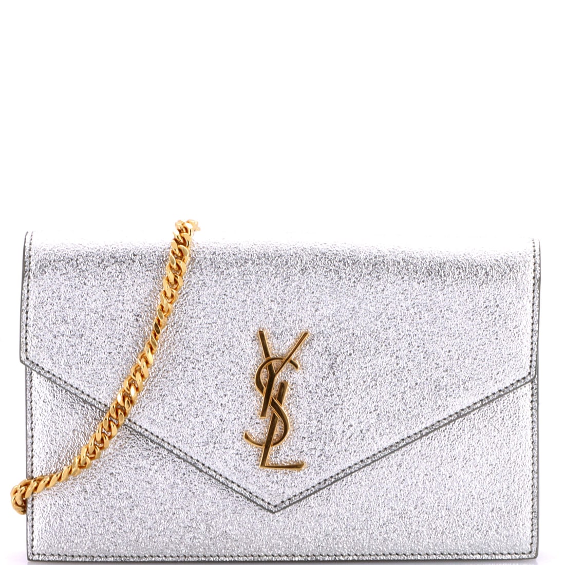 Saint Laurent Classic Monogram Wallet on Chain Leather Small Silver: From Saint Laurent, the Classic Wallet on Chain in silver Monogram canvas. The monogram canvas carries Louis Vuitton's most recognizable house pattern. Offered through Maison de Beaubigonne with authe