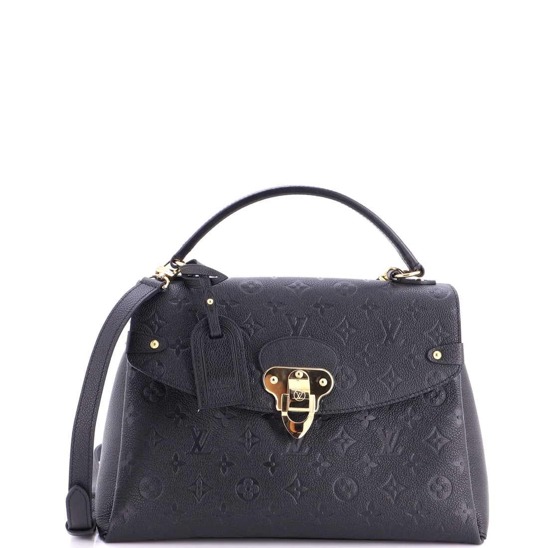 Louis Vuitton Georges Handbag Monogram Empreinte Leather MM Black: Louis Vuitton Georges Handbag in black Empreinte leather and Monogram canvas. The monogram canvas carries Louis Vuitton's most recognizable house pattern. It is presented in the MM size. Approximate d