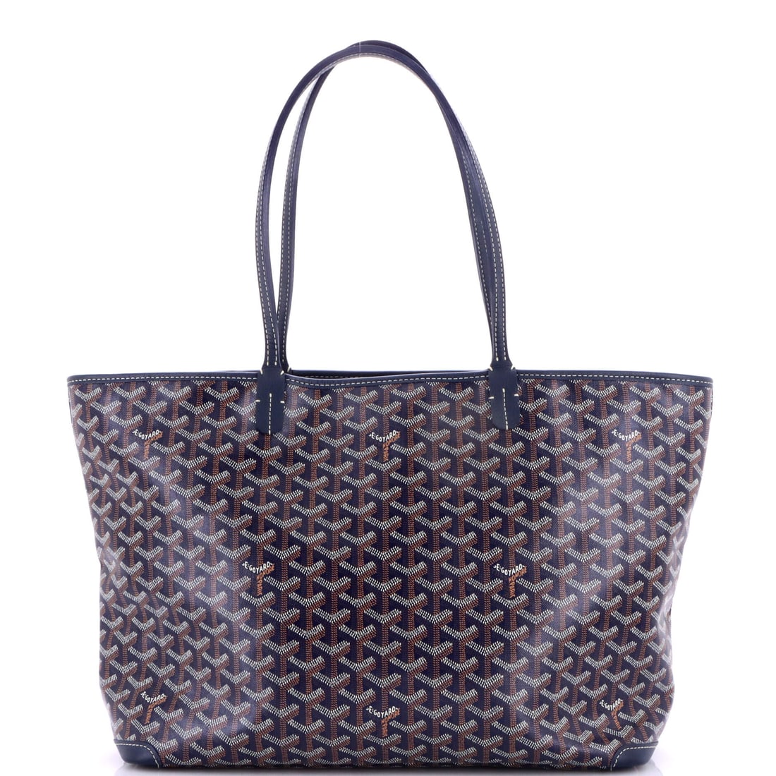 Goyard Artois Tote Coated Canvas MM Blue: A Goyard Artois Tote in blue coated canvas. This is the MM format. The piece measures roughly 12 x 14 x 6.5 inches. The shape and scale give bidders a confident read on how the piece carries and style