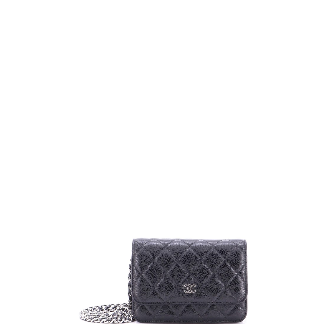 Chanel Wallet on Chain Quilted Caviar Mini Black: Chanel Wallet on Chain in black quilted caviar leather. Chanel's caviar leather is prized for its pebbled, hard-wearing grain. This is the Mini format. Approximate dimensions are 4.5 x 6 x 2 inches. A