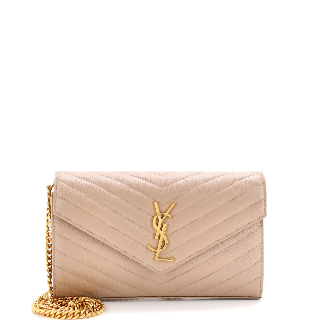 Saint Laurent Classic Monogram Wallet on Chain Matelasse Chevron Leather Medium Neutral: The Saint Laurent Classic Wallet on Chain Chevron in neutral quilted Monogram canvas. The monogram canvas carries Louis Vuitton's most recognizable house pattern. This is the Medium format. Scale runs