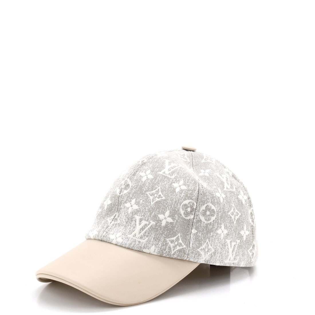 Louis Vuitton Baseball Cap Monogram Jacquard Denim and Leather Neutral: Louis Vuitton Baseball Cap in neutral denim and Monogram canvas. The monogram canvas carries Louis Vuitton's most recognizable house pattern. Scale runs to about 7 x 9 inches. Its proportions and hous