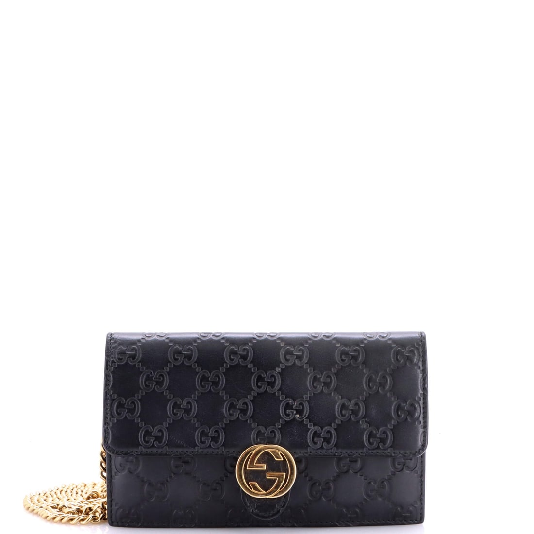 Gucci Icon Wallet on Chain Guccissima Leather Black: Gucci's Icon Wallet on Chain Guccissima in black leather. It measures approximately 4.5 x 7.5 x 1.5 inches. Maison de Beaubigonne stands behind the authenticity of this piece. Slim and practical, the 