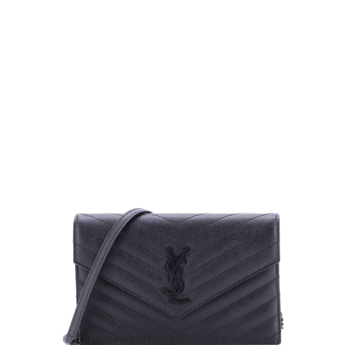 Saint Laurent Classic Monogram Wallet on Chain Matelasse Chevron Leather Small Black: From Saint Laurent, the Classic Wallet on Chain Chevron in black quilted Monogram canvas. The monogram canvas carries Louis Vuitton's most recognizable house pattern. This is the Small format. It meas
