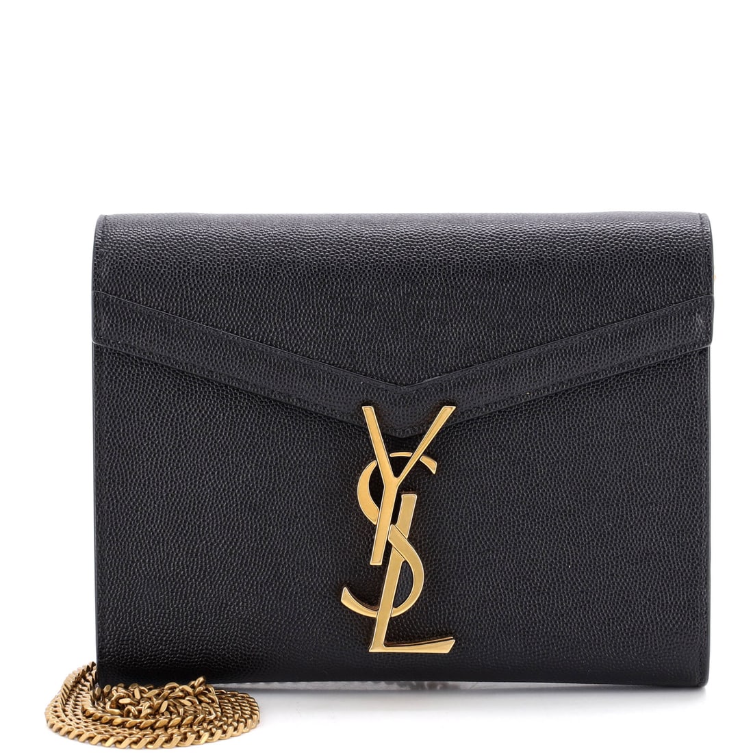 Saint Laurent Cassandra Chain Wallet Leather Mini Black: A Saint Laurent Cassandra Chain Wallet in black leather. This is the Mini format. The piece measures roughly 6 x 7.5 x 1.5 inches. Slim and practical, the piece carries the maker's signatures in a wea
