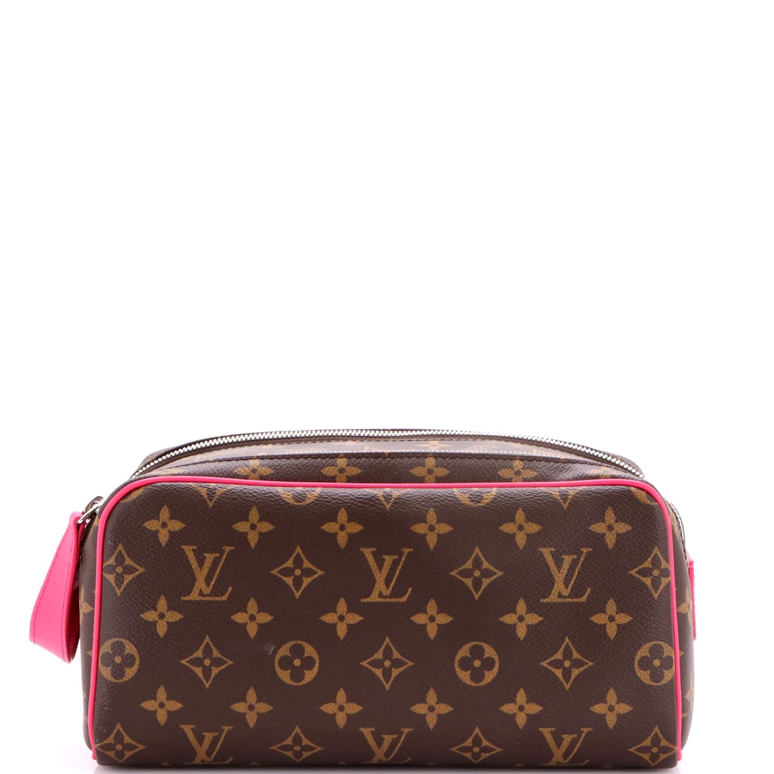 Louis Vuitton Dopp Kit Toiletry Pouch Monogram Canvas Brown, Pink: Louis Vuitton Dopp Kit Toiletry Pouch in brown and pink Monogram canvas. The monogram canvas carries Louis Vuitton's most recognizable house pattern. Each lot is backed by Maison de Beaubigonne's auth