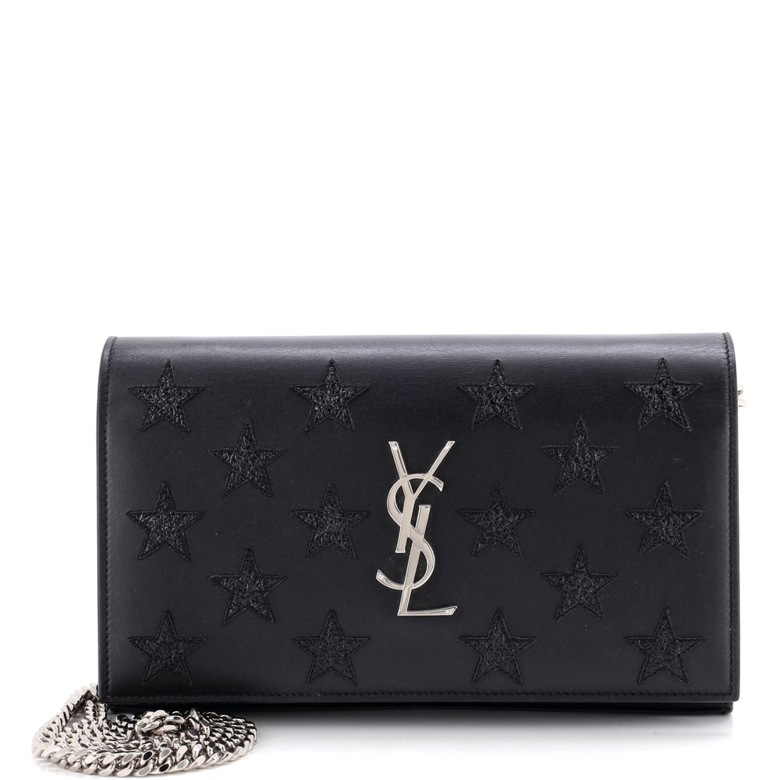 Saint Laurent Classic Monogram Wallet on Chain Leather with Applique Black: Saint Laurent Classic Wallet on Chain with Applique in black Monogram canvas. The monogram canvas carries Louis Vuitton's most recognizable house pattern. It measures approximately 5.5 x 9 x 1 inches.