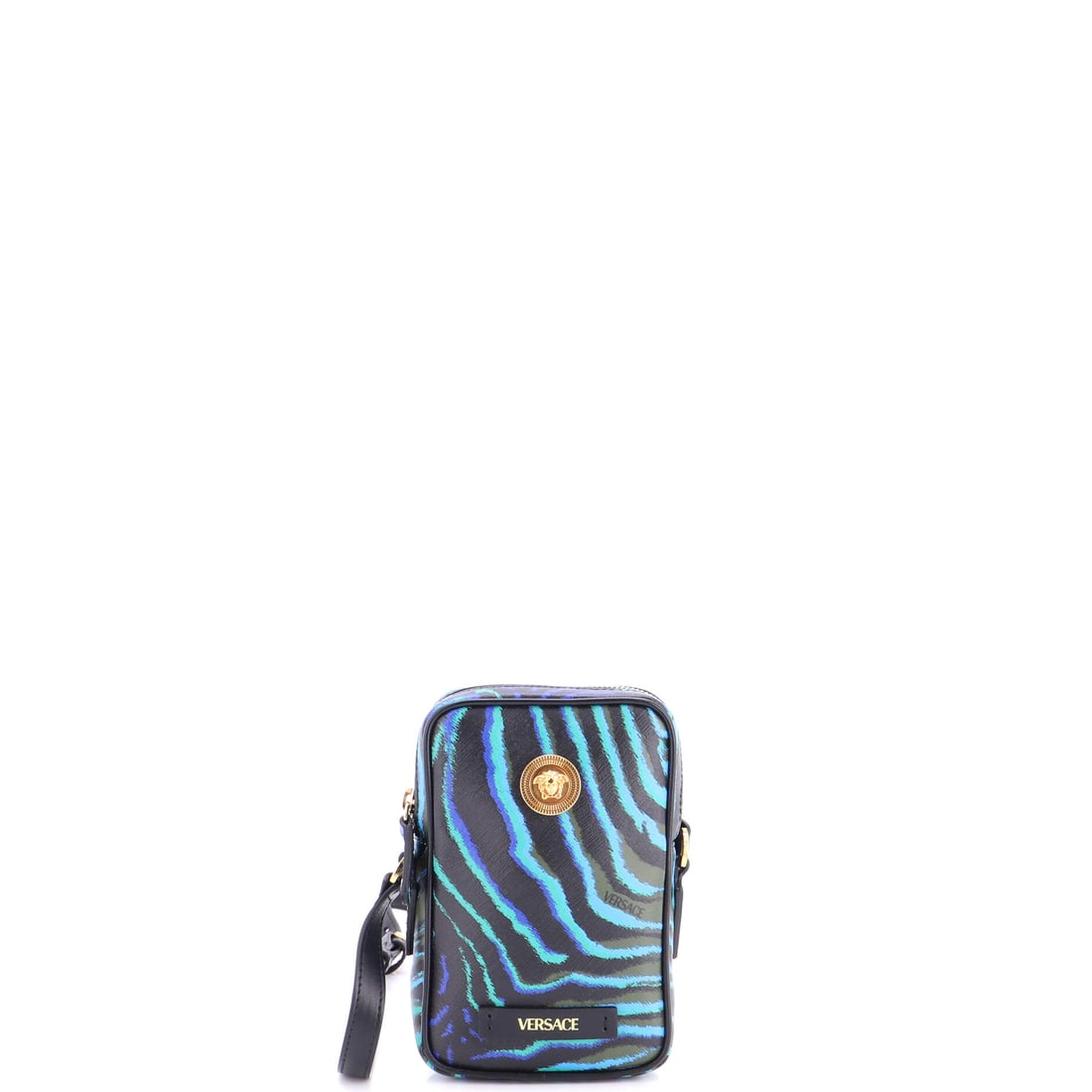 Versace Medusa Biggie Pouch Crossbody Bag Printed Leather Micro Multicolor: The Versace Medusa Biggie Pouch Crossbody Bag Printed in multicolor leather. It is presented in the Micro size. The piece measures roughly 7 x 5 x 1.5 inches. The shape and scale give bidders a confid