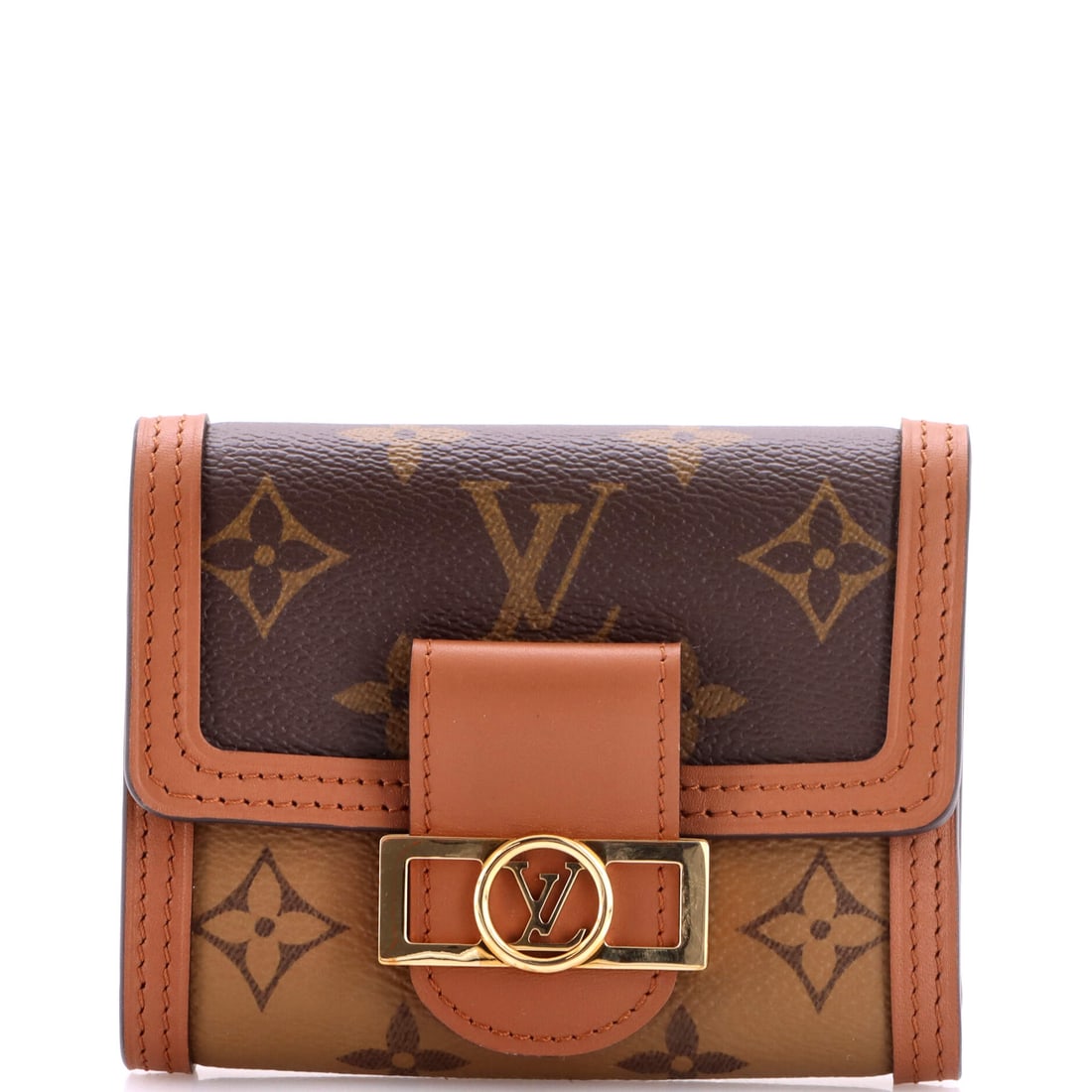 Louis Vuitton Dauphine Wallet Reverse Monogram Canvas Compact Brown: Louis Vuitton's Dauphine Wallet Reverse in brown Monogram canvas. The monogram canvas carries Louis Vuitton's most recognizable house pattern. This is the Compact format. The piece measures roughly 3.