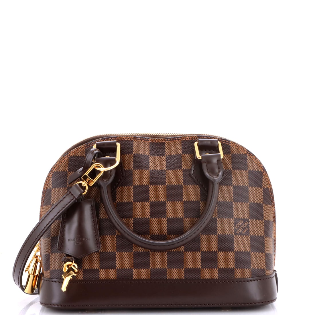 Louis Vuitton Alma Handbag Damier BB Brown: From Louis Vuitton, the Alma Handbag in brown Damier canvas. The Damier check is one of Louis Vuitton's enduring house patterns. Authenticity is guaranteed by Maison de Beaubigonne. It is presented in