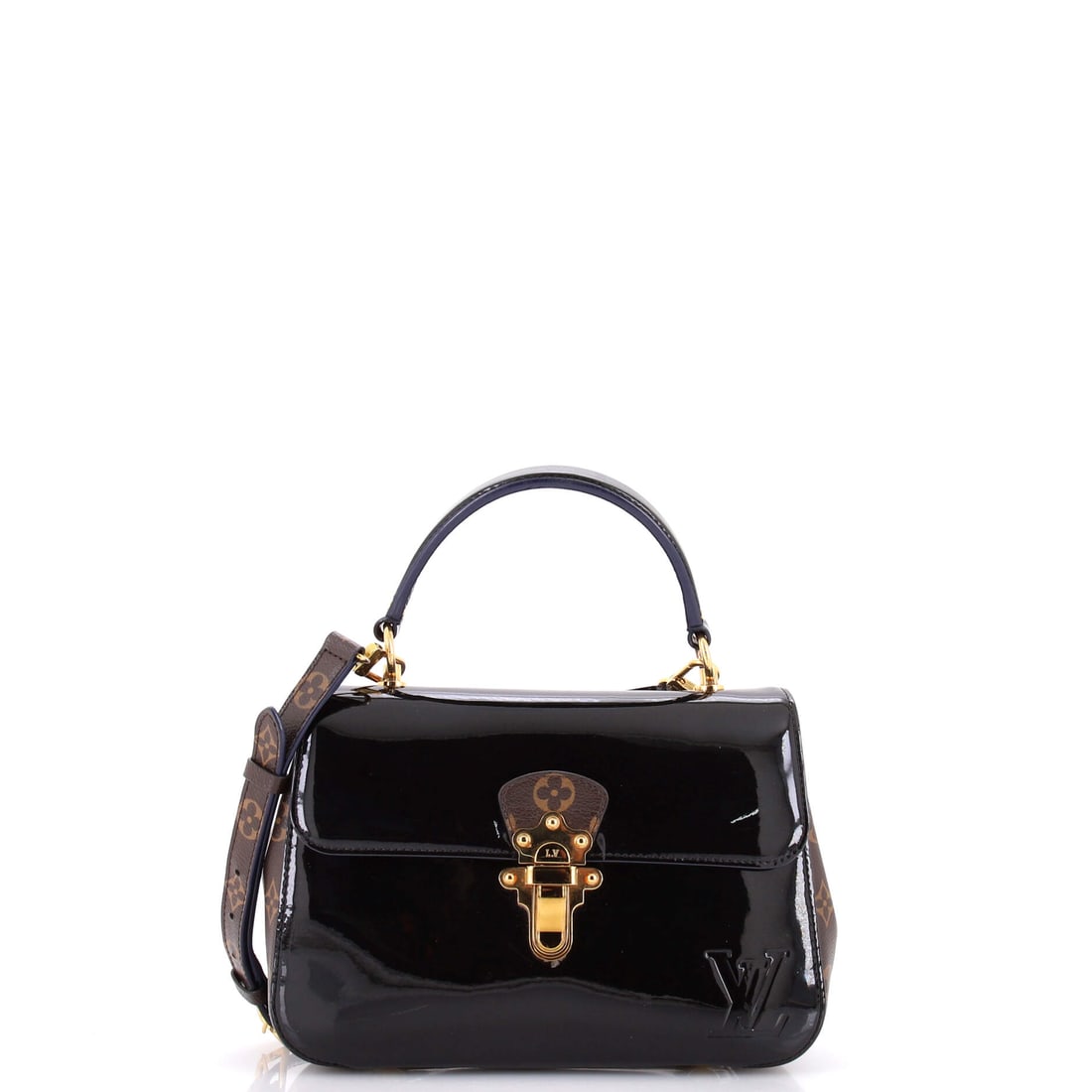 Louis Vuitton Cherrywood Handbag Vernis with Monogram Canvas PM Black: A Louis Vuitton Cherrywood Handbag in black Vernis leather and Monogram canvas. The monogram canvas carries Louis Vuitton's most recognizable house pattern. Authenticity is assured through Maison de B