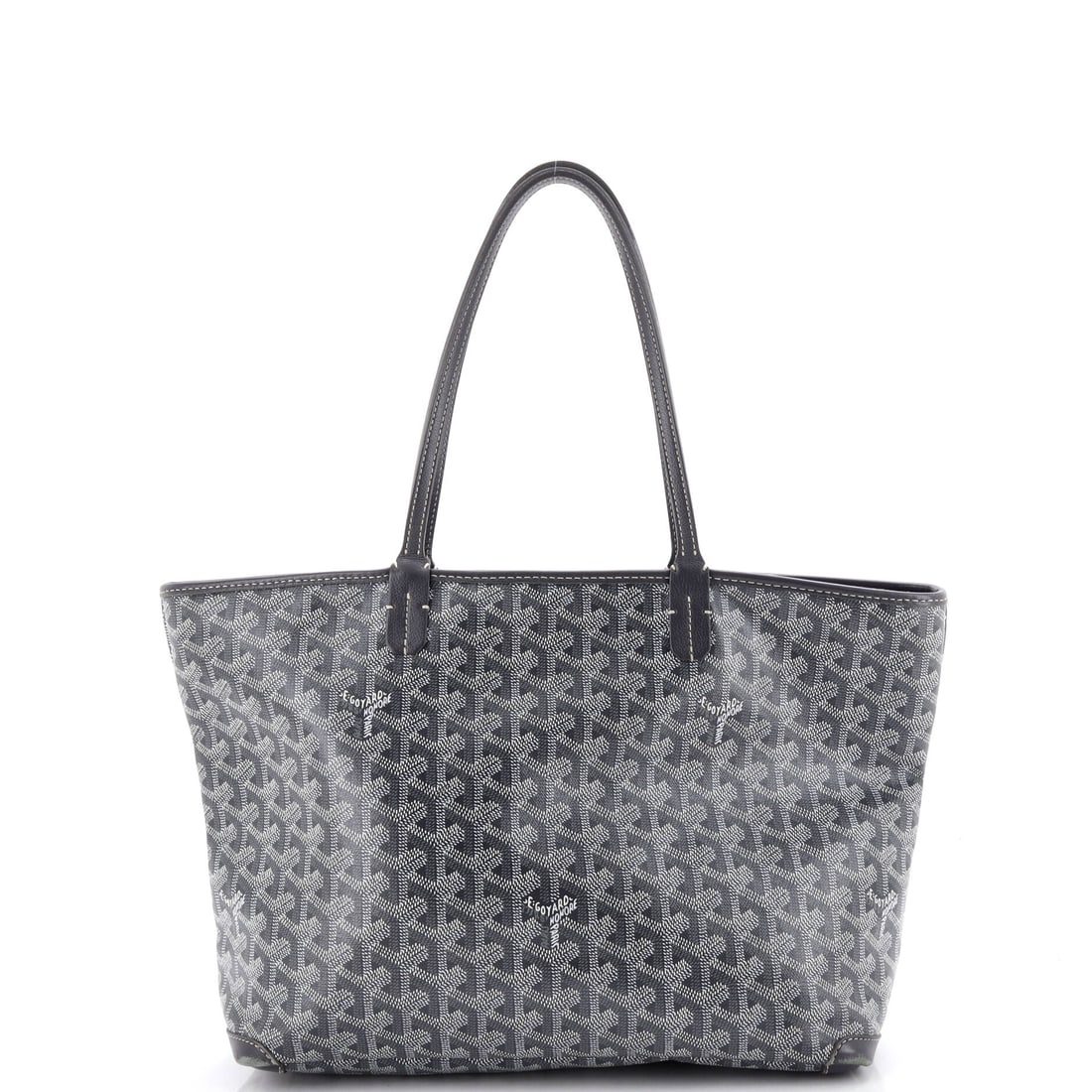 Goyard Artois Tote Coated Canvas PM Gray: A Goyard Artois Tote in gray coated canvas. It is presented in the PM size. Offered through Maison de Beaubigonne with authenticity guaranteed. Approximate dimensions are 9.5 x 12 x 5 inches. The shap