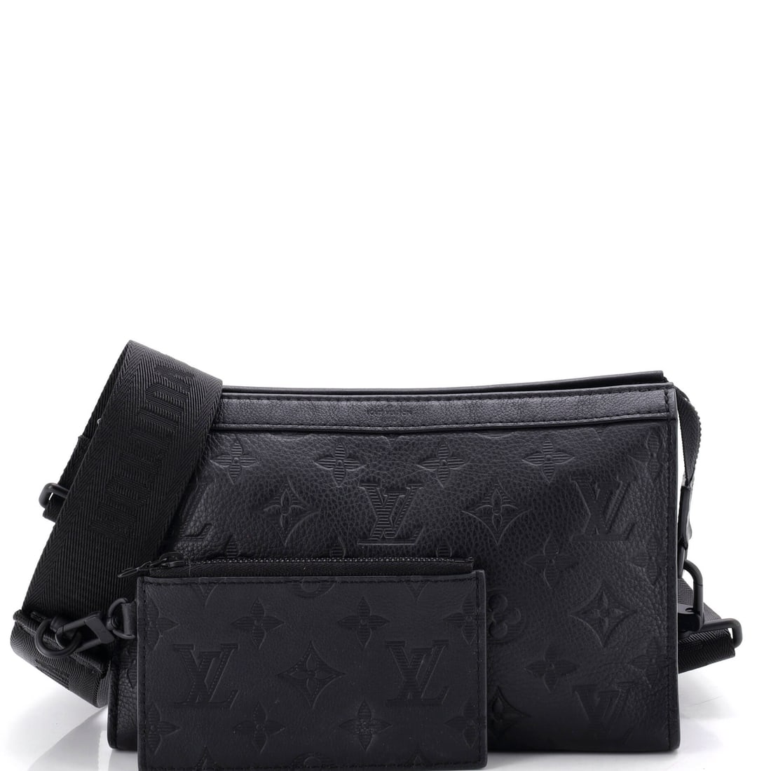 Louis Vuitton Gaston Wearable Wallet Monogram Shadow Leather Black: A Louis Vuitton Gaston Wearable Wallet Shadow in black Monogram canvas. The monogram canvas carries Louis Vuitton's most recognizable house pattern. The piece measures roughly 5.5 x 8.5 x 2 inches. A 