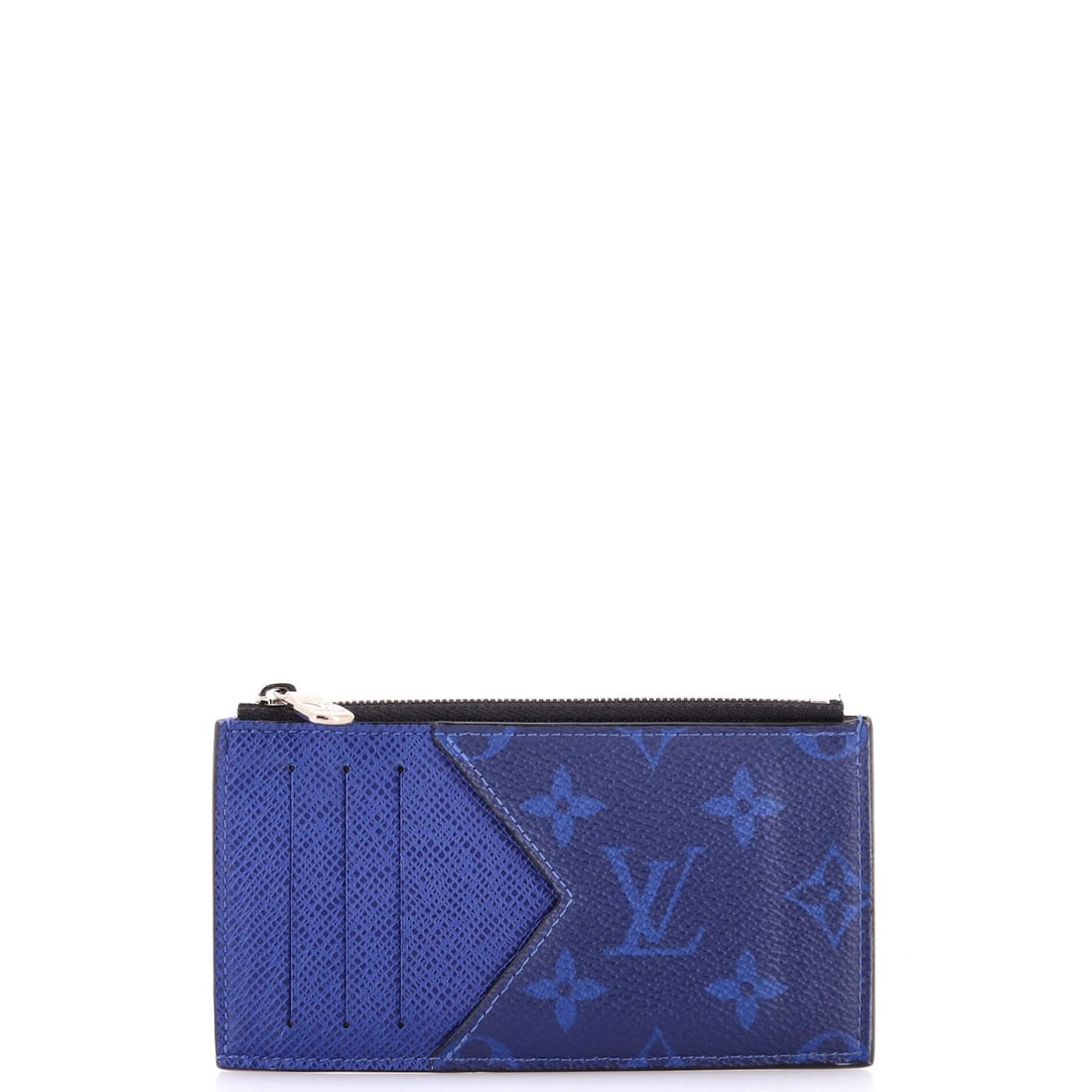 Louis Vuitton Coin Card Holder Monogram Taigarama Blue: Louis Vuitton's Coin Card Holder Taigarama in blue Monogram canvas. The monogram canvas carries Louis Vuitton's most recognizable house pattern. The piece measures roughly 3 x 5.5 x 0.5 inches. A smal