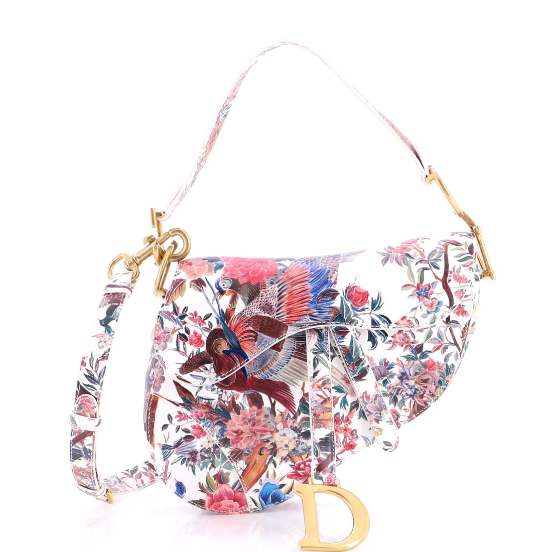 Christian Dior Saddle Handbag with Strap Printed Leather Medium Print, Red, White: From Christian Dior, the Saddle Handbag with Strap Printed in print, red, and white leather. This is the Medium format. The piece measures roughly 9 x 10 x 2 inches. A wearable, well-recognized design