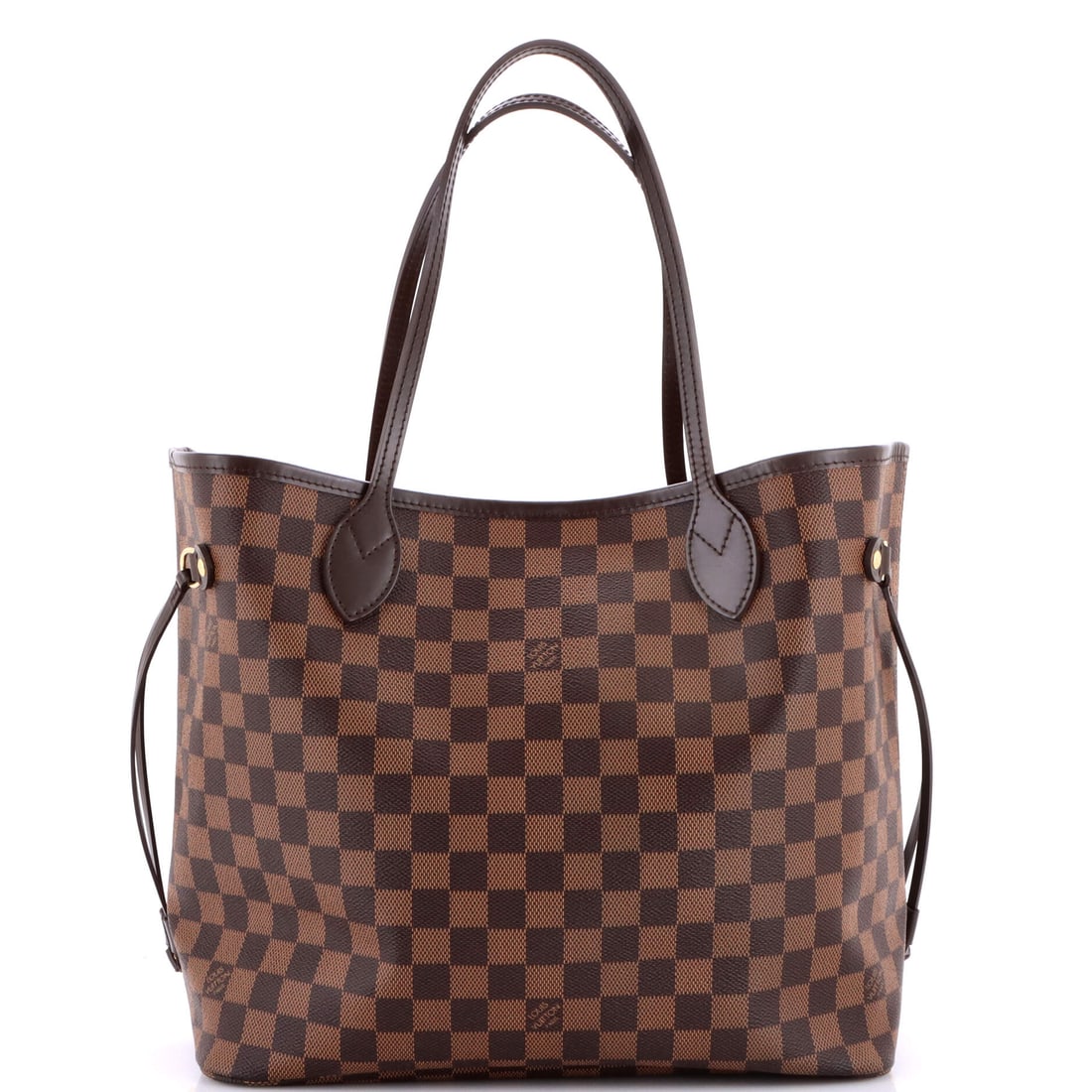 Louis Vuitton Neverfull Tote Damier MM Brown: The Louis Vuitton Neverfull Tote in brown Damier canvas. The Damier check is one of Louis Vuitton's enduring house patterns. It is presented in the MM size. Approximate dimensions are 11 x 12.5 x 6 in