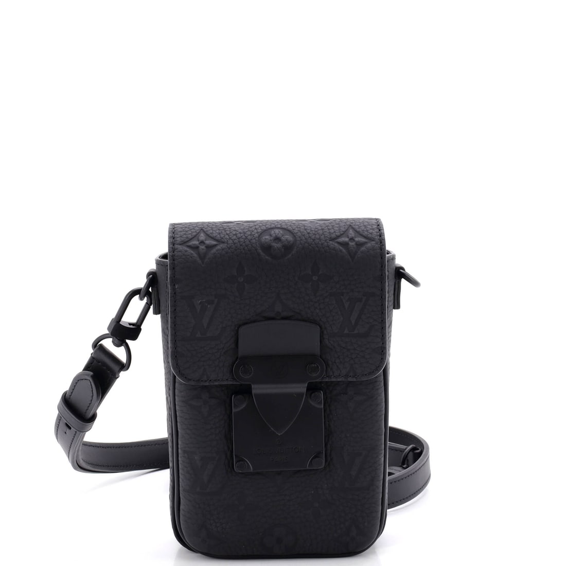 Louis Vuitton S Lock Vertical Wearable Wallet Monogram Taurillon Leather Black: Louis Vuitton's S Lock Vertical Wearable Wallet in black Taurillon leather and Monogram canvas. The monogram canvas carries Louis Vuitton's most recognizable house pattern. Scale runs to about 7.5 x 4