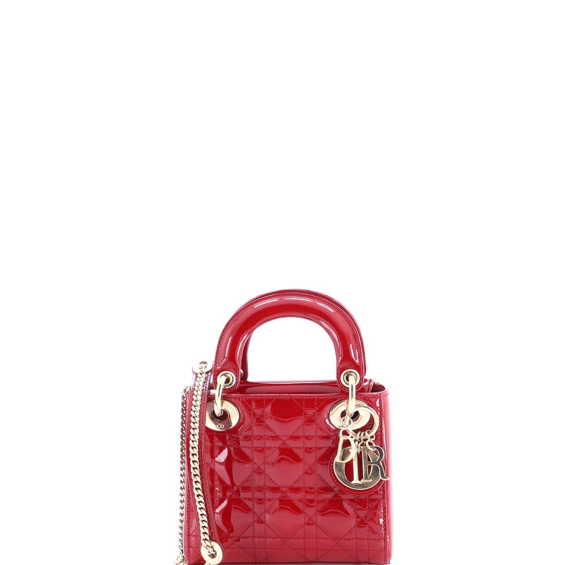 Christian Dior Lady Dior Chain Bag Cannage Quilt Patent Mini Burgundy: The Christian Dior Lady Dior Chain Bag Cannage Quilt in burgundy patent. Offered in the Mini size. Approximate dimensions are 6 x 7 x 3 inches. The recognizable profile carries immediate brand recogni