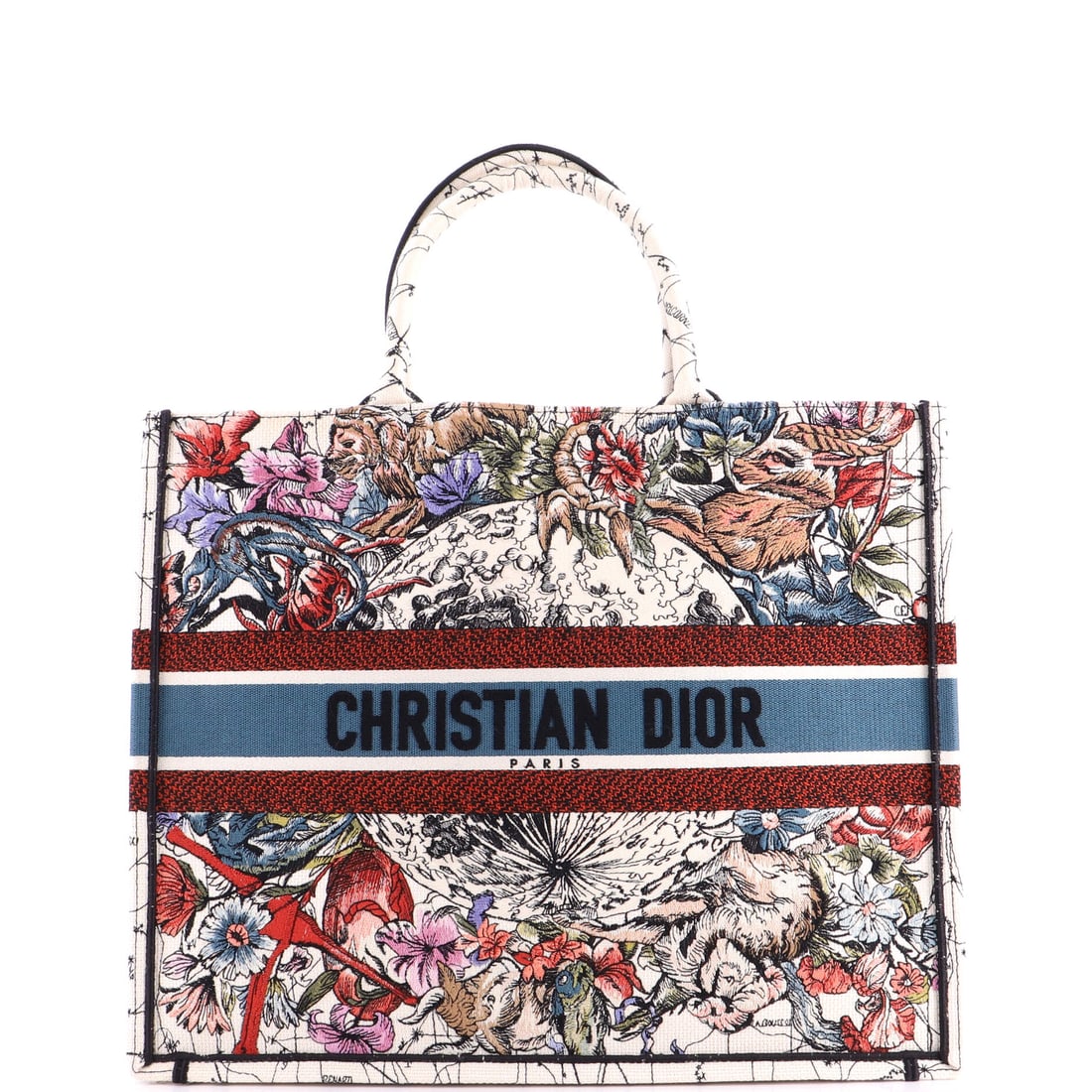 Christian Dior Book Tote Zodiac Embroidered Canvas Multicolor: From Christian Dior, the Book Tote Zodiac Embroidered in multicolor coated canvas. The piece measures roughly 13.5 x 16.5 x 7 inches. A wearable, well-recognized design that translates easily from dai