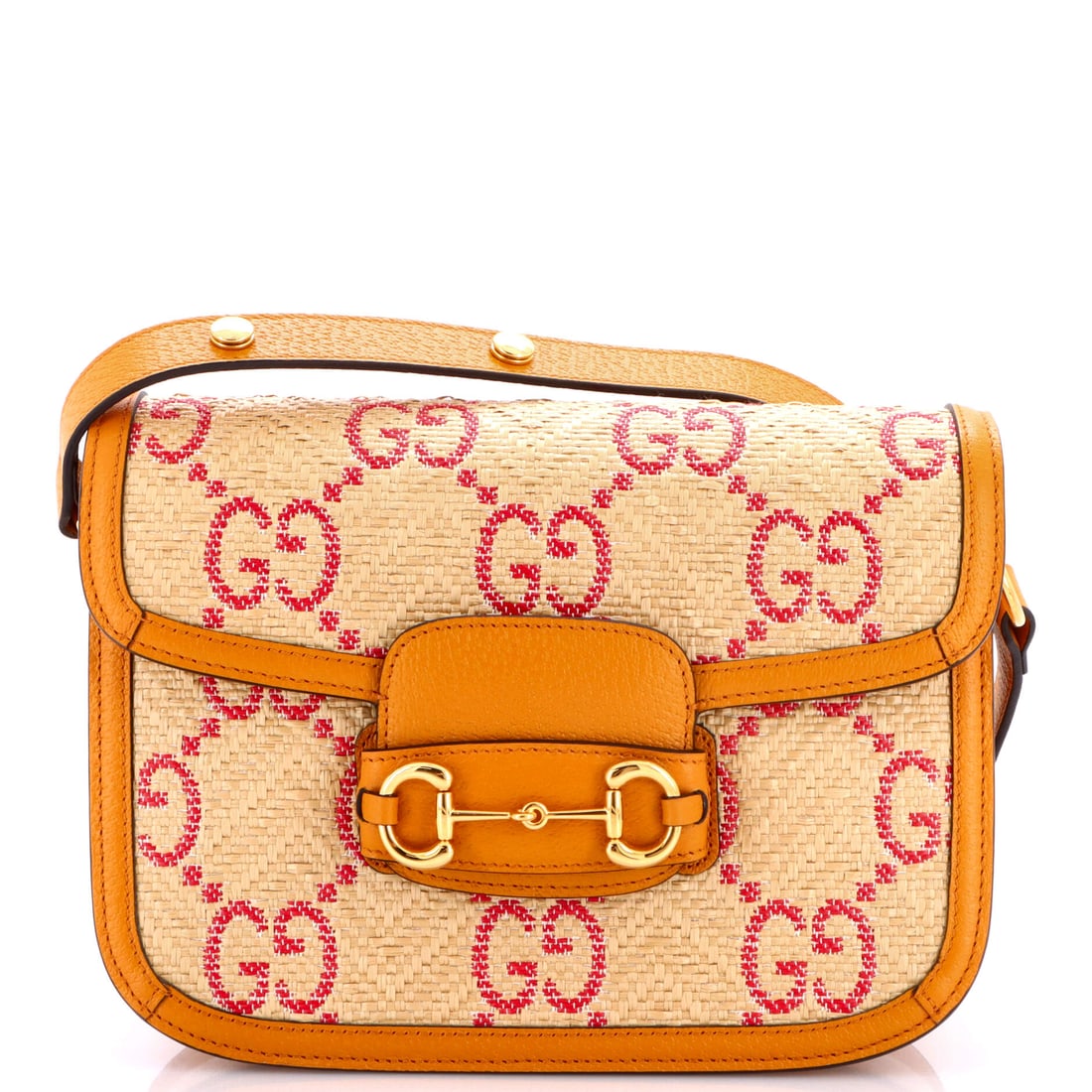 Gucci Horsebit 1955 Shoulder Bag Jumbo GG Raffia Small Multicolor, Orange, Pink (1 of 8)