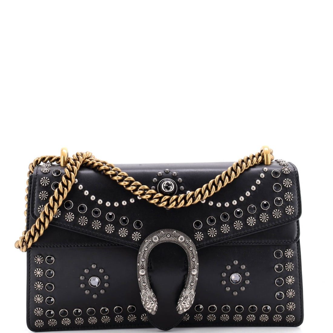 Gucci Dionysus Bag Studded Leather Small Black: Gucci Dionysus Bag Studded in black leather. This is the Small format. Scale runs to about 7 x 11 x 3.5 inches. Its balance of form and brand identity positions it as a dependable lot in this category
