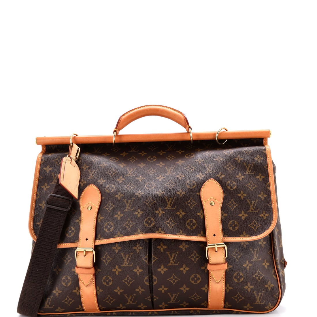 Louis Vuitton Sac Chasse Hunting Bag Monogram Canvas Brown: Louis Vuitton's Sac Chasse Hunting Bag in brown Monogram canvas. The monogram canvas carries Louis Vuitton's most recognizable house pattern. The piece measures roughly 15 x 19 x 10 inches. The recogn