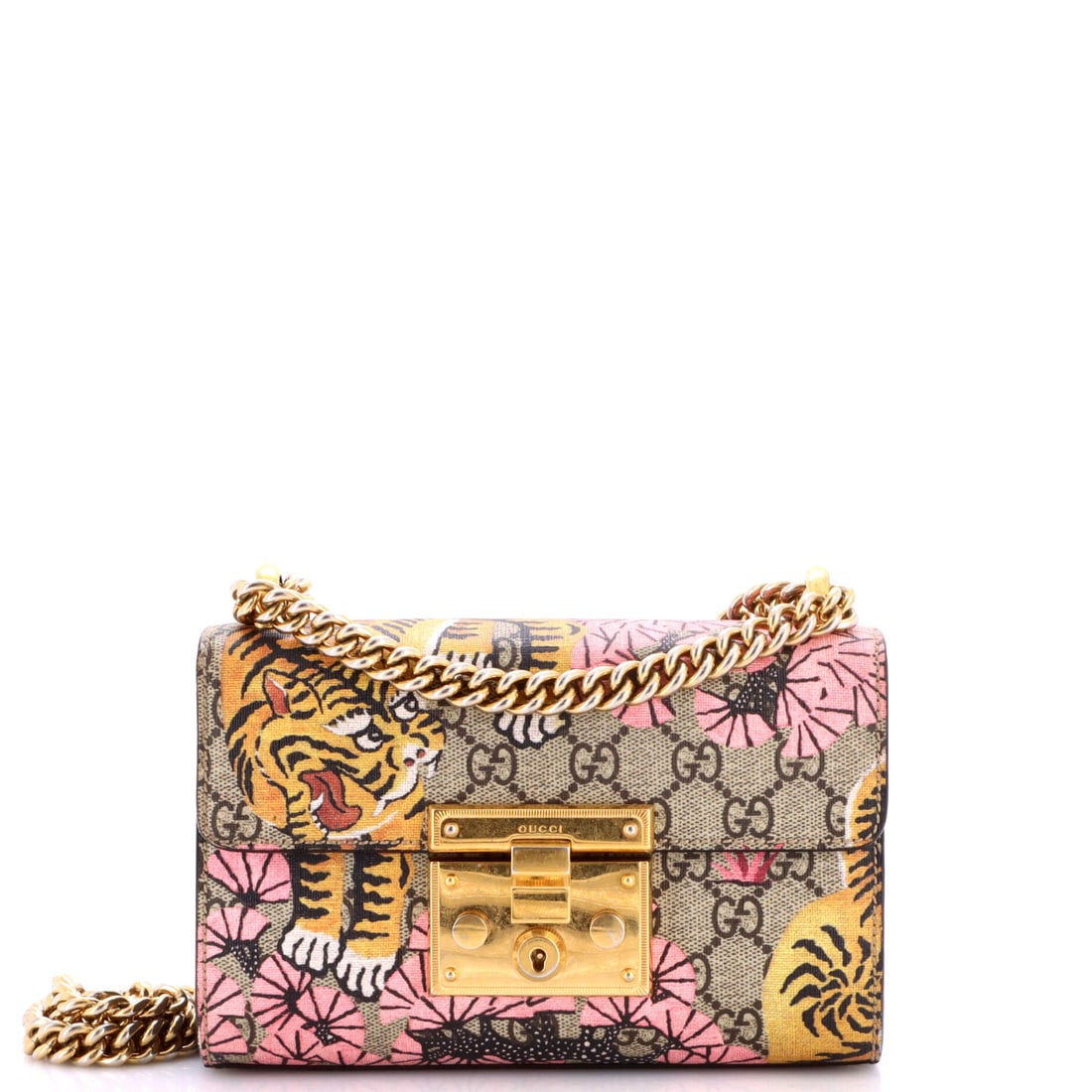 Gucci Padlock Shoulder Bag Bengal Print GG Coated Canvas Small Brown, Print: Gucci Padlock Shoulder Bag Bengal GG in print and brown coated canvas. It is presented in the Small size. Scale runs to about 5 x 8 x 3 inches. The shape and scale give bidders a confident read on how