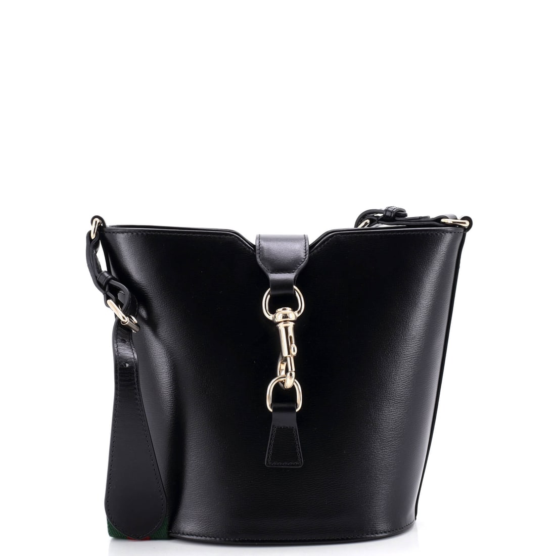 Gucci Jackie Web Bucket Bag Leather Black: Gucci's Jackie Web Bucket Bag in black leather. The piece measures roughly 10 x 8.5 x 6.5 inches. The silhouette reads clearly across the room, giving it strong presence as a bidding piece for collect