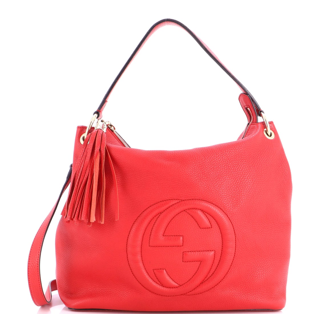 Gucci Soho Convertible Hobo Leather Large Red: A Gucci Soho Convertible Hobo in red leather. Offered in the Large size. Each lot is backed by Maison de Beaubigonne's authenticity guarantee. The piece measures roughly 12.5 x 13.5 x 5.5 inches. The 
