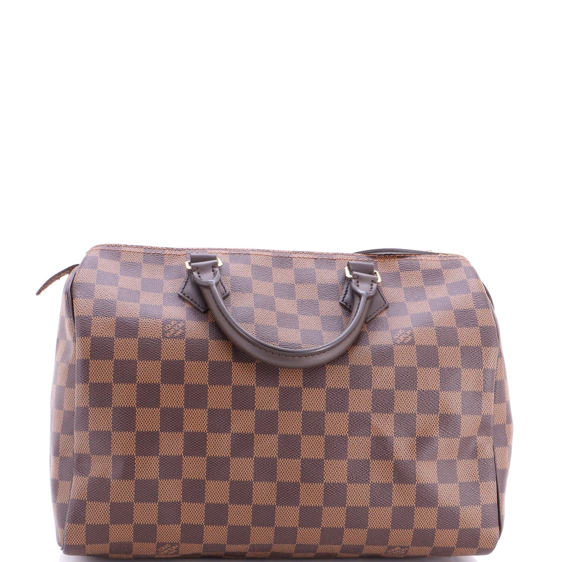 Louis Vuitton Speedy Handbag Damier 30 Brown: The Louis Vuitton Speedy Handbag in brown Damier canvas. The Damier check is one of Louis Vuitton's enduring house patterns. This corresponds to the 30 size within the line. Approximate dimensions are
